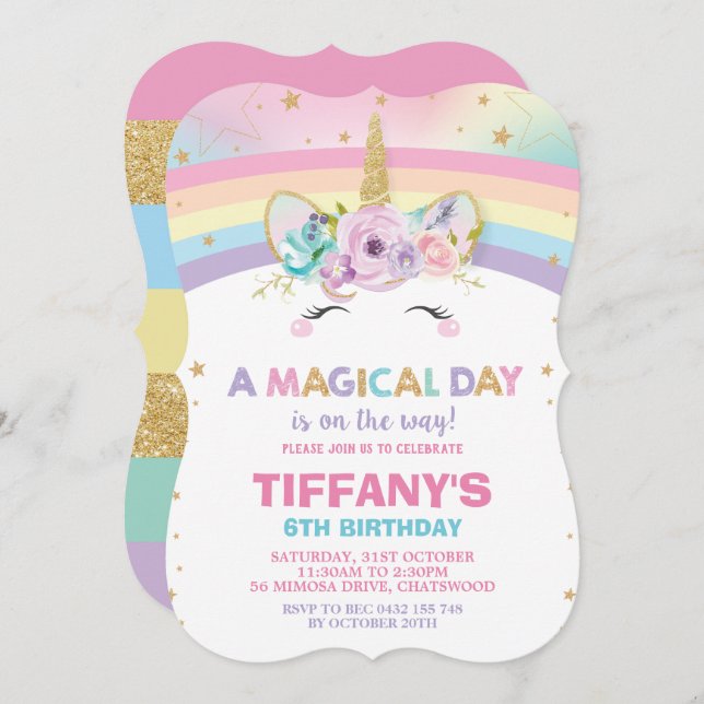 Rainbow Unicorn Birthday Invitation 1st Birthday (Front/Back)