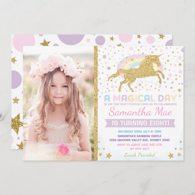 Rainbow Unicorn Birthday Invitation Confetti Stars (Front/Back)