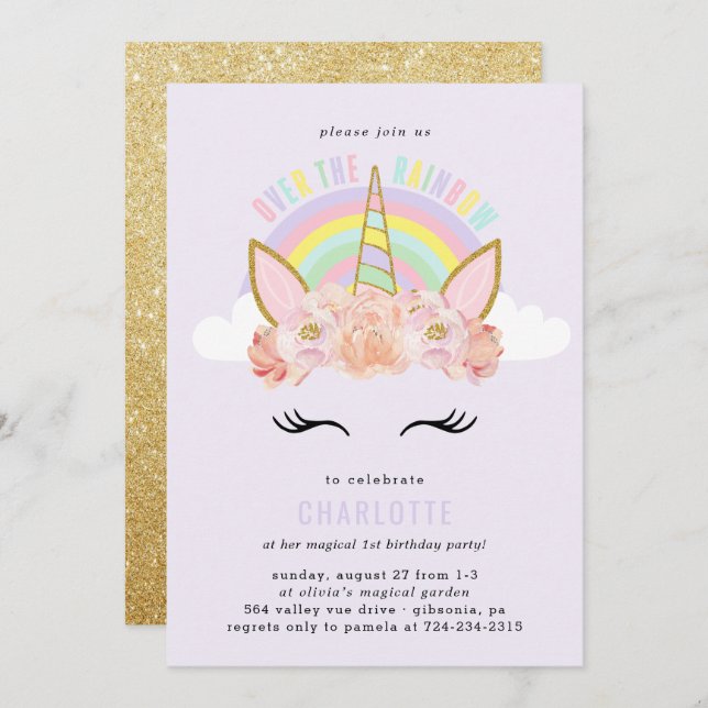 Rainbow Unicorn Birthday Invitation Pink Gold (Front/Back)