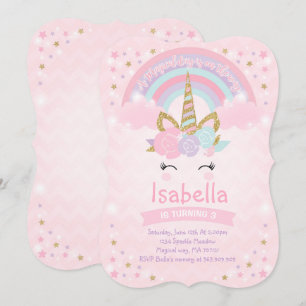 Rainbow Unicorn Birthday Invitation Pink Gold