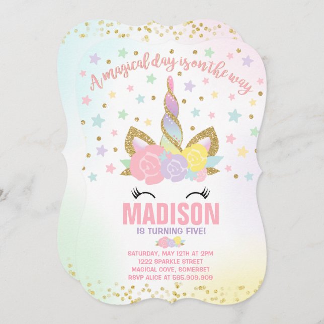 Rainbow Unicorn Birthday Invitation Pink Gold (Front/Back)