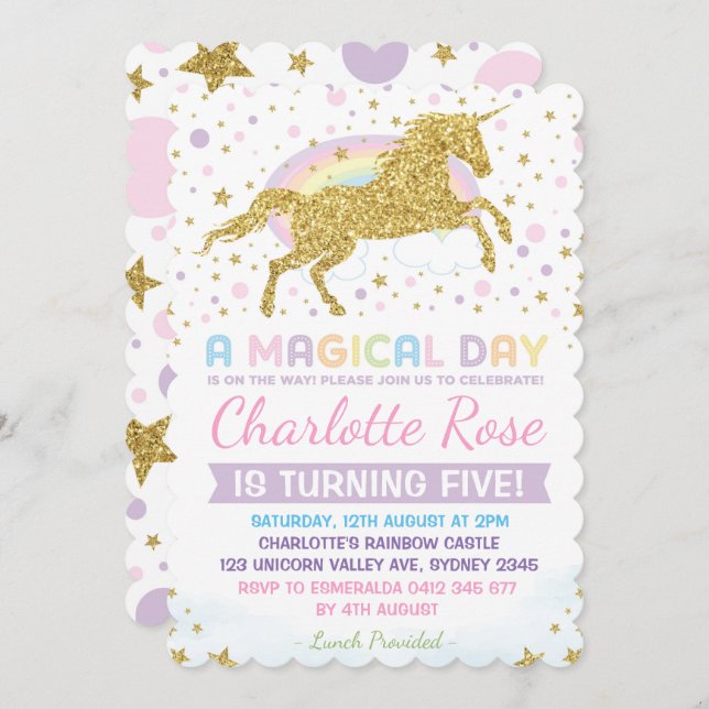 Rainbow Unicorn Birthday Invitation Pink Gold (Front/Back)