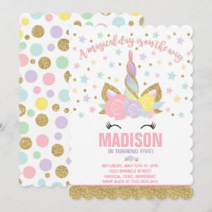 Rainbow Unicorn Birthday Invitation Pink Gold