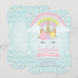 Rainbow Unicorn Birthday Invitation Pink Gold