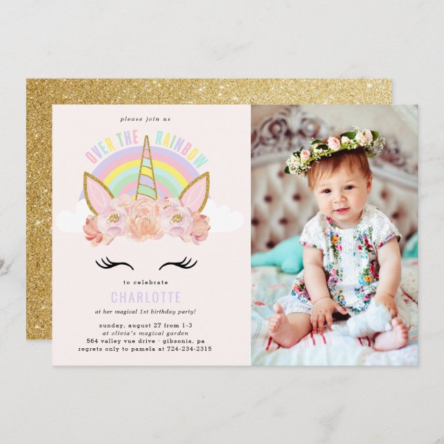 Rainbow Unicorn Birthday Invitation Pink Gold (Front/Back)