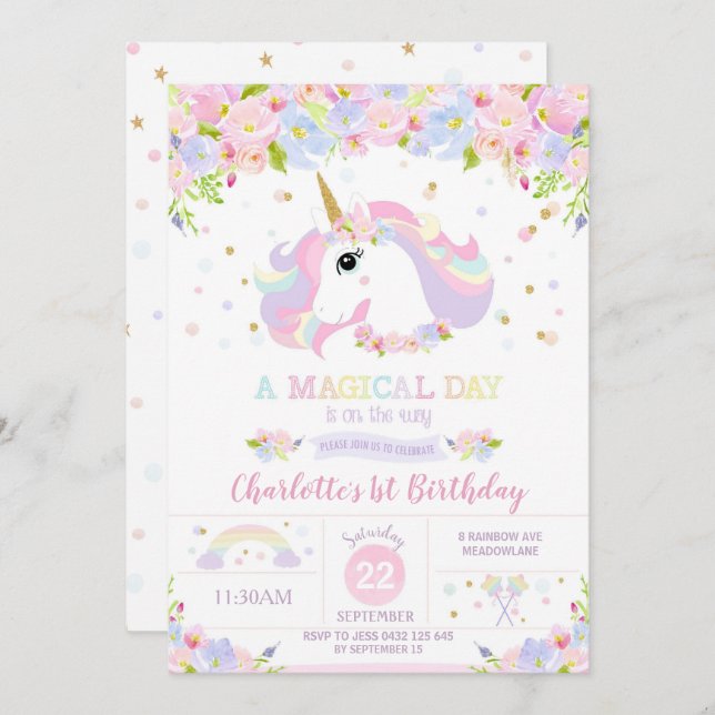 Rainbow Unicorn Birthday Invitation Pretty Floral (Front/Back)