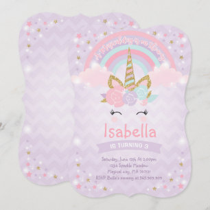 Rainbow Unicorn Birthday Invitation Purple Gold