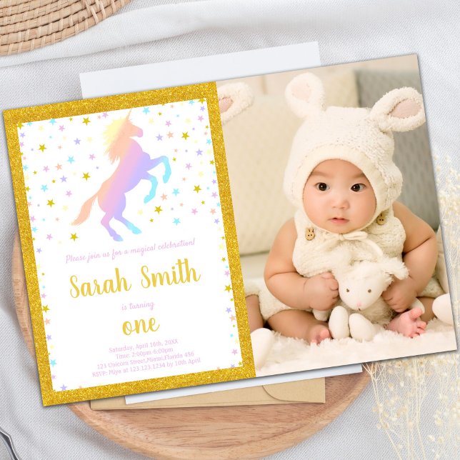 Rainbow Unicorn Birthday Invitation with Photo (Rainbow Unicorn Invitations with photo)