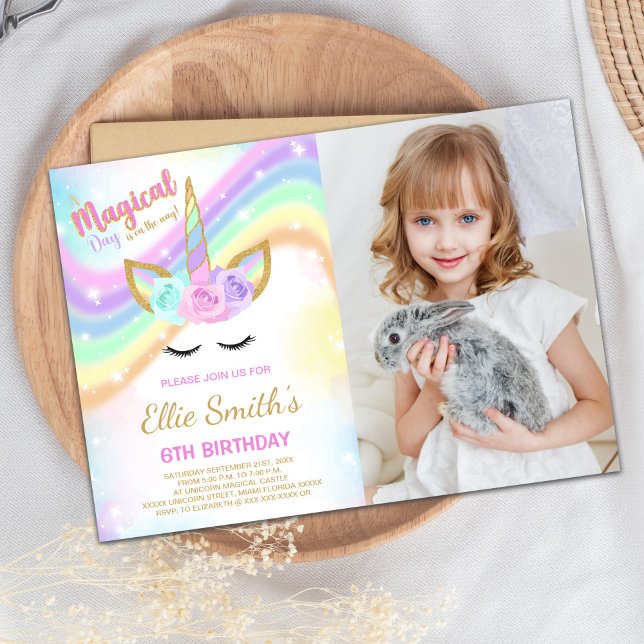 Rainbow Unicorn Birthday Invitation with Photo (Rainbow Unicorn Birthday Invitations with photo)