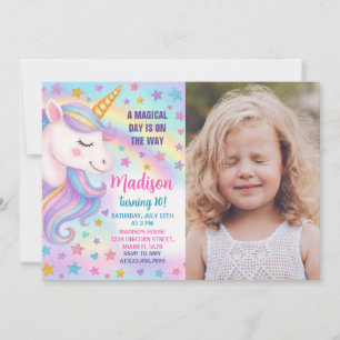 Rainbow Unicorn Birthday Invitation with photo