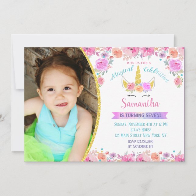 Rainbow Unicorn Birthday Invitations (Front)