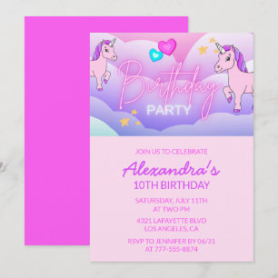 Rainbow Unicorn Birthday Invitations 10th Girl