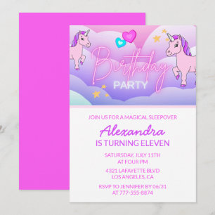 Rainbow Unicorn Birthday Invitations 11th Pink