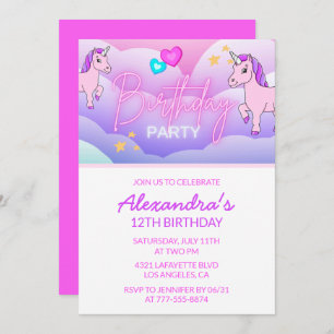 Rainbow Unicorn Birthday Invitations 12th Pink