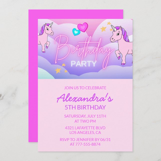 Rainbow Unicorn Birthday Invitations 5th Girl (Front/Back)