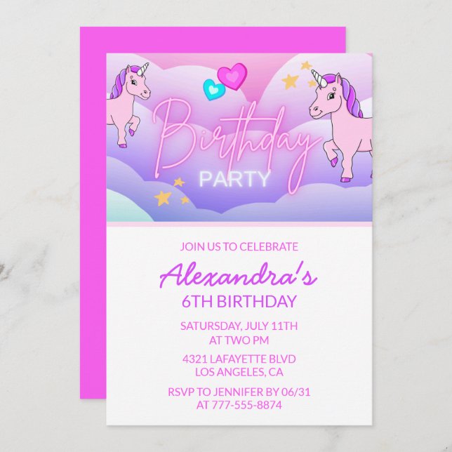Rainbow Unicorn Birthday Invitations 6th Pink (Front/Back)
