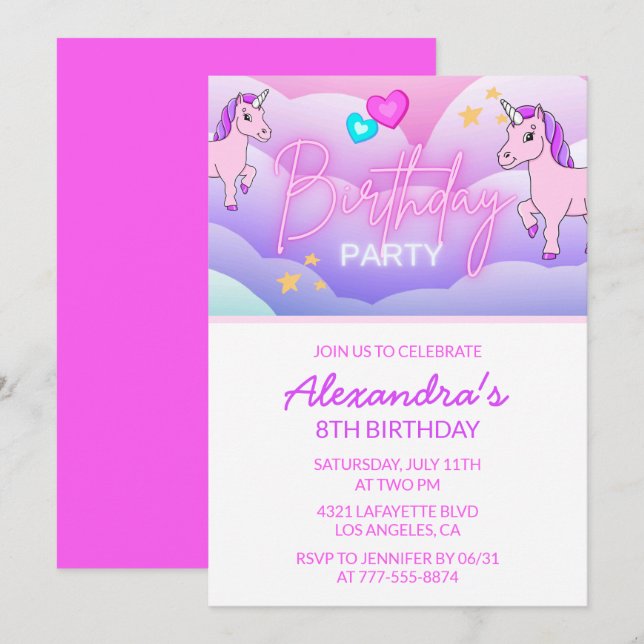 Rainbow Unicorn Birthday Invitations 8th Pink (Front/Back)