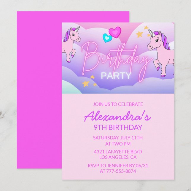Rainbow Unicorn Birthday Invitations 9th Girl (Front/Back)