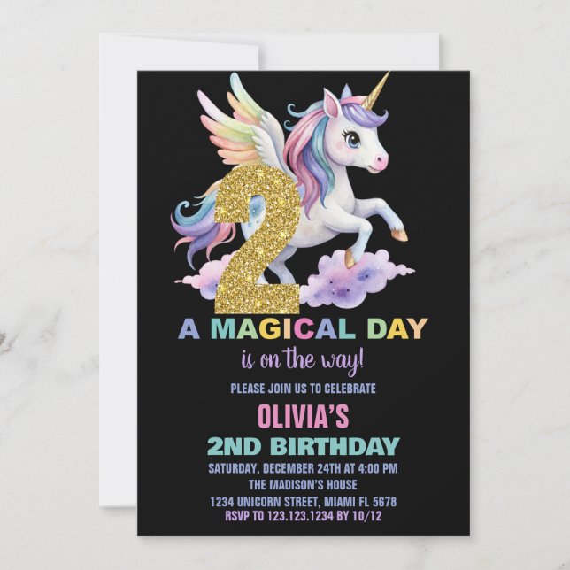 Rainbow Unicorn Birthday Invitations Fly (Front)