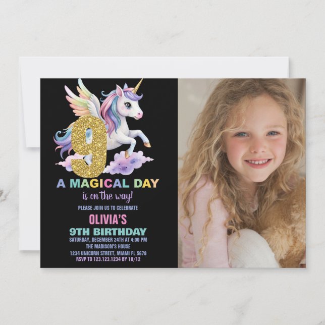 Rainbow Unicorn Birthday Invitations with photo (Front)