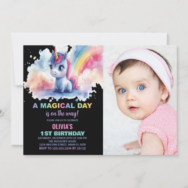 Rainbow Unicorn Birthday Invitations with photo (Front)