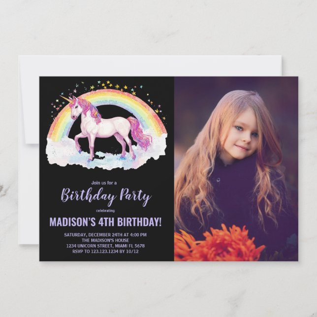 Rainbow Unicorn Birthday Invitations with photo (Front)