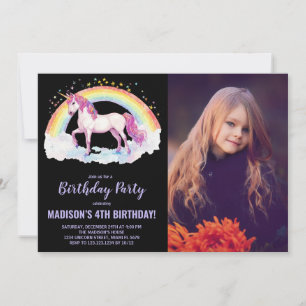 Rainbow Unicorn Birthday Invitations with photo