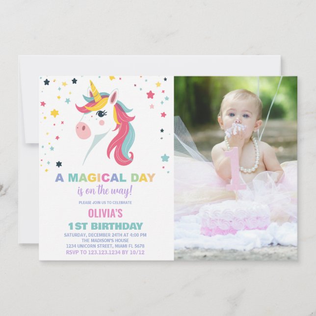Rainbow Unicorn Birthday Invitations with photo (Front)