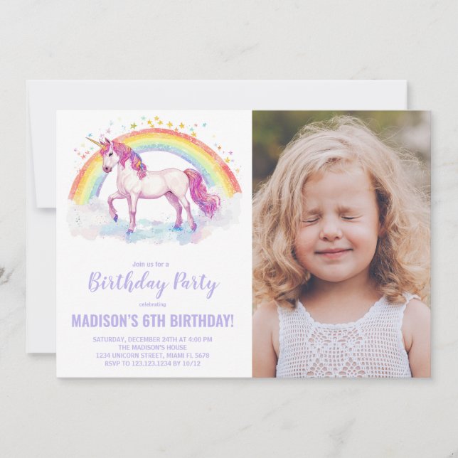 Rainbow Unicorn Birthday Invitations with photo (Front)