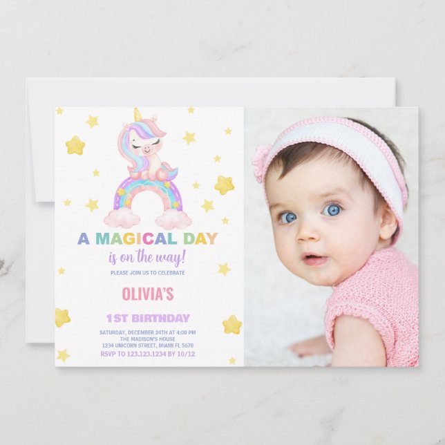 Rainbow Unicorn Birthday Invitations with photo (Front)