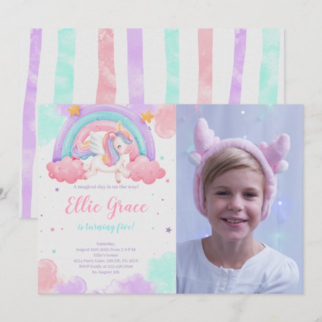 Rainbow Unicorn Birthday Magical Unicorn Photo Invitation (Front/Back)