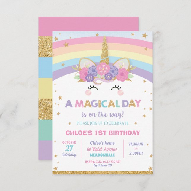 Rainbow Unicorn Birthday Party Girl Invitation (Front/Back)