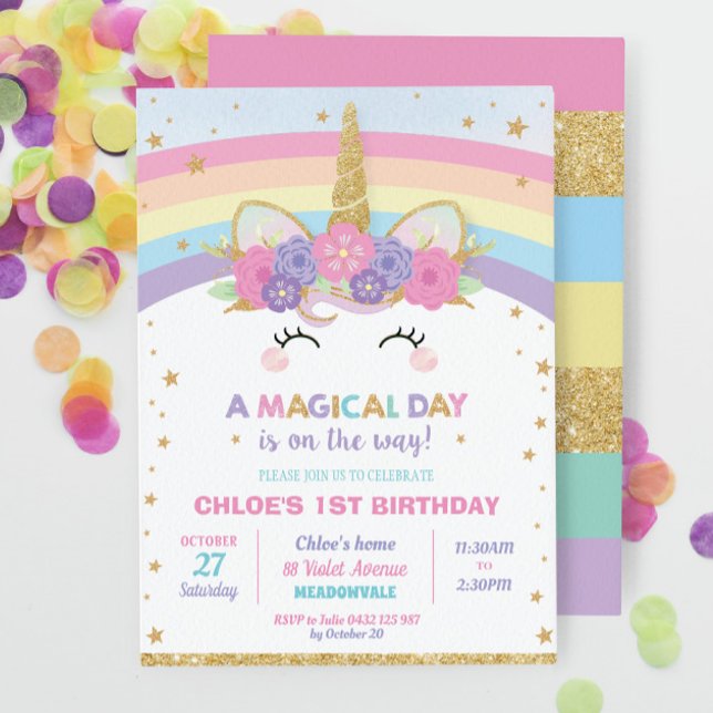 Rainbow Unicorn Birthday Party Girl Invitation (Creator Uploaded)