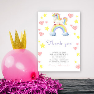 Rainbow Unicorn Birthday party thank you Card