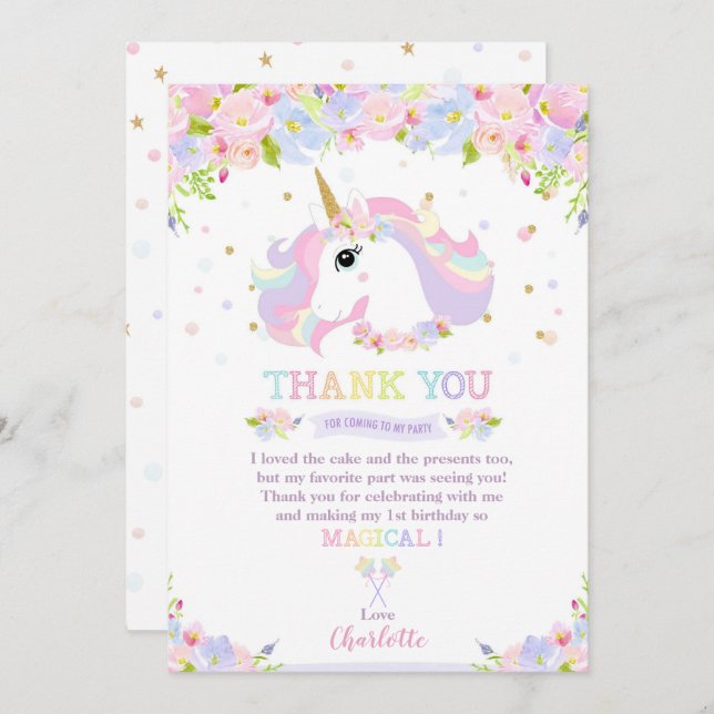 Rainbow Unicorn Birthday Thank You Pretty Floral Invitation (Front/Back)