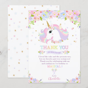 Rainbow Unicorn Birthday Thank You Pretty Floral Invitation