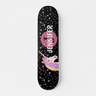 Rainbow Unicorn Black Pink Monogram Personalised Skateboard