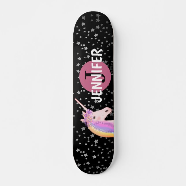 Rainbow Unicorn Black Pink Monogram Personalised  Skateboard (Front)