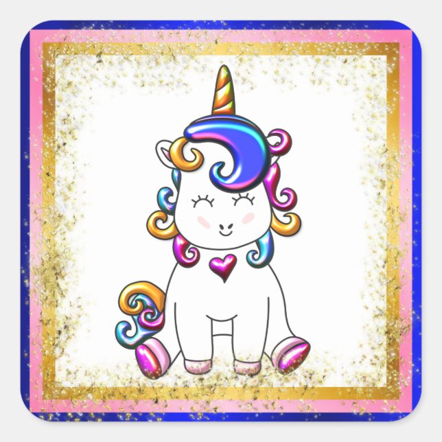 Rainbow Unicorn Blue, Gold Glitter Square Sticker (Front)
