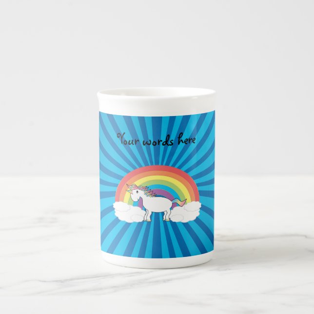 Rainbow unicorn blue sunburst bone china mug (Front)
