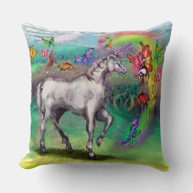 Rainbow Unicorn Butterflies Faeries Throw Pillow (Front)