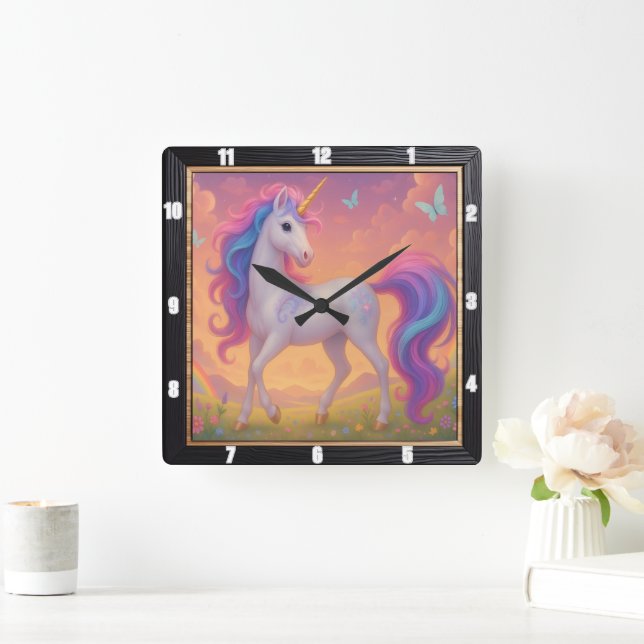 Rainbow Unicorn Butterfly Garden Square Wall Clock (Home)