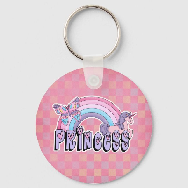 Rainbow Unicorn Butterfly Princess Design Key Ring (Front)