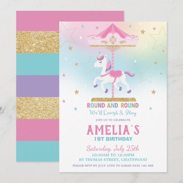 Rainbow Unicorn Carousel 1st Birthday Girl Invitation (Front/Back)