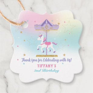 Rainbow Unicorn Carousel 1st Birthday Gold Glitter Favour Tags