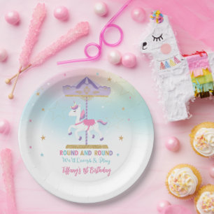 Rainbow Unicorn Carousel 1st Birthday Gold Glitter Paper Plate