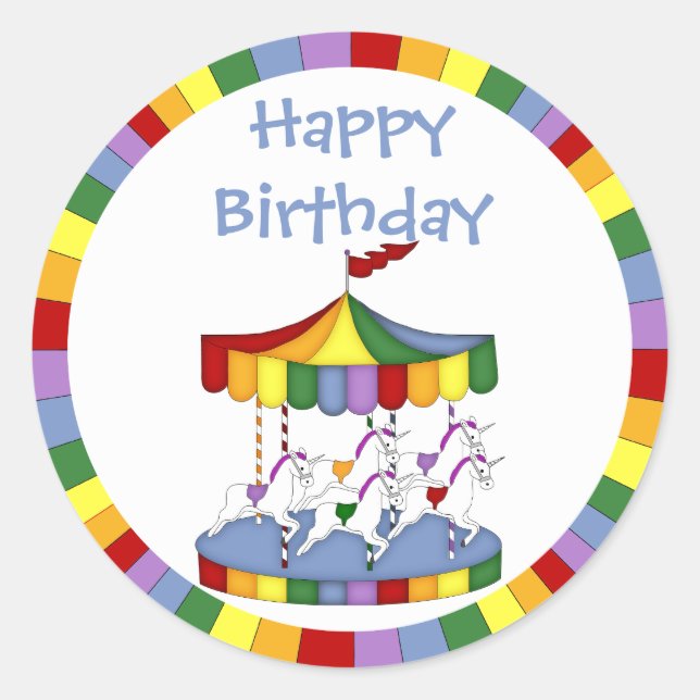 Rainbow Unicorn Carousel Birthday Classic Round Sticker (Front)