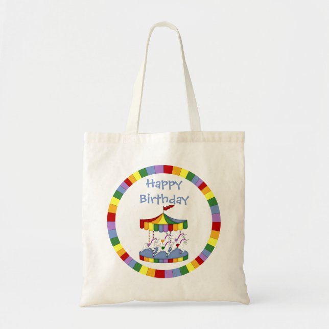 Rainbow Unicorn Carousel Birthday Tote Bag (Front)