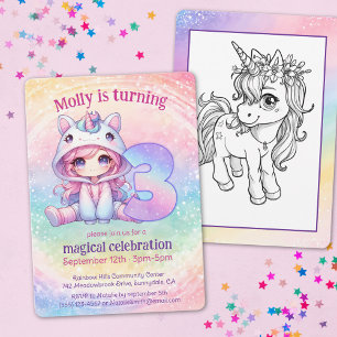 Rainbow Unicorn chibi girl 3rd birthday Invitation