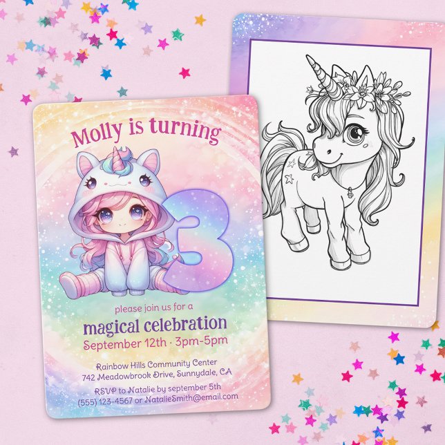 Rainbow Unicorn chibi girl 3rd birthday Invitation (Creator Uploaded)